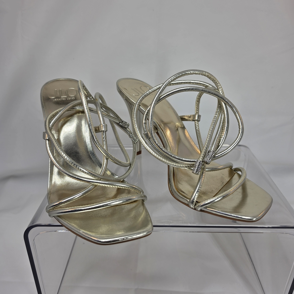 JLO Jennifer Lopez Gold Strappy Wrap Heels Women's 10M Metallic Lace Up Sandals
